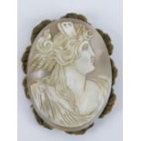 A large carved shell cameo of classical female portrait, upon later Czechoslovakian made gilt frame,
