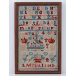 A late 19th century needlepoint sampler, framed,