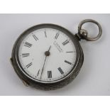 A silver open face key wind fob watch having white enamel dial marked for H Samuel,