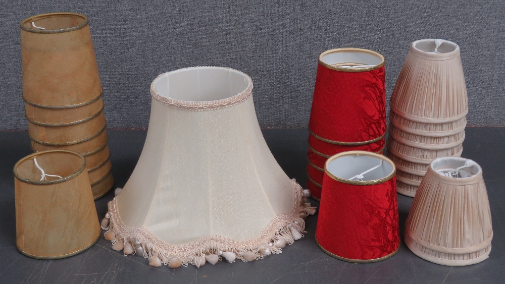 A single table lamp shade, 31cm dia, together with three sets of lamp shades each being 13cm dia.