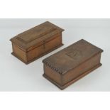 Two lidded oak boxes, one having P carved to the lid, each 22cm in length.