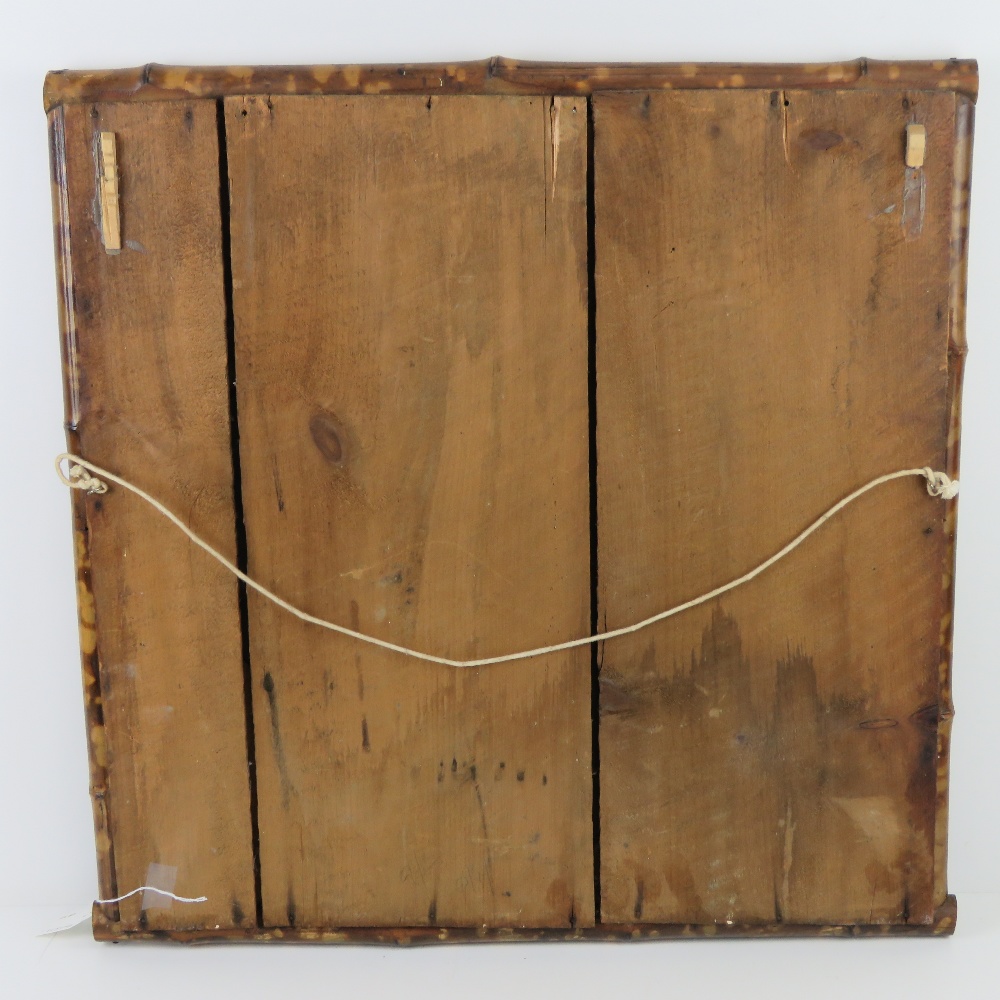 A late 19thC English Aesthetic Movement bamboo and embossed leather framed mirror, - Image 3 of 3