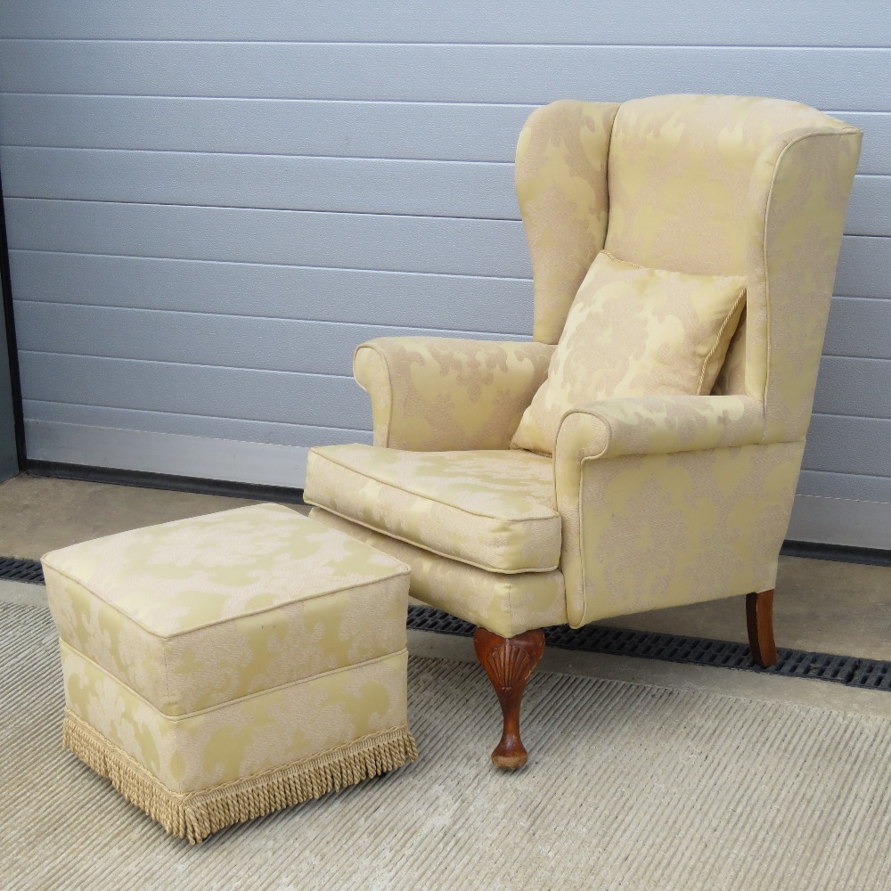 A single re-covered upholstered wingback chair in smart golden fabric with matching cushion and - Image 2 of 2