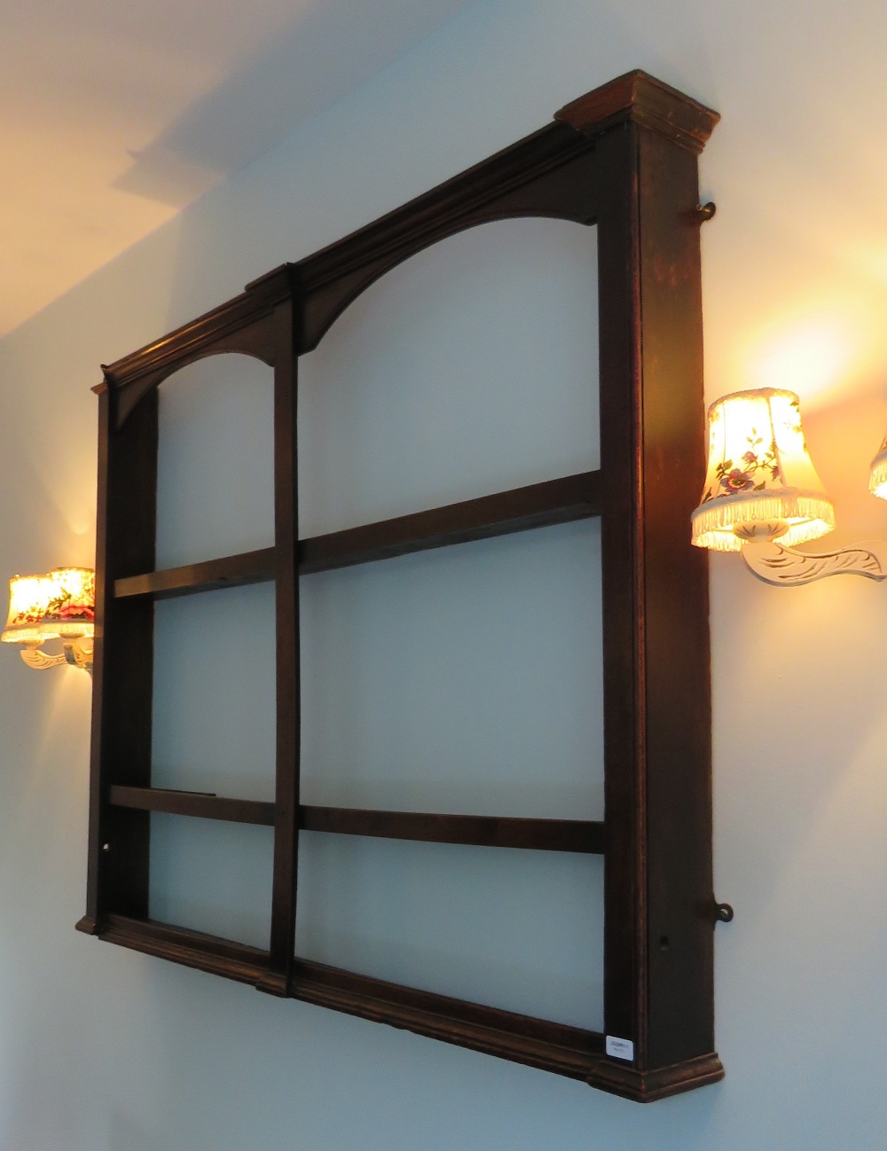 A Georgian double arch top wall rack in oak measuring 115cm high x 147cm wide, 15cm deep. - Image 3 of 3