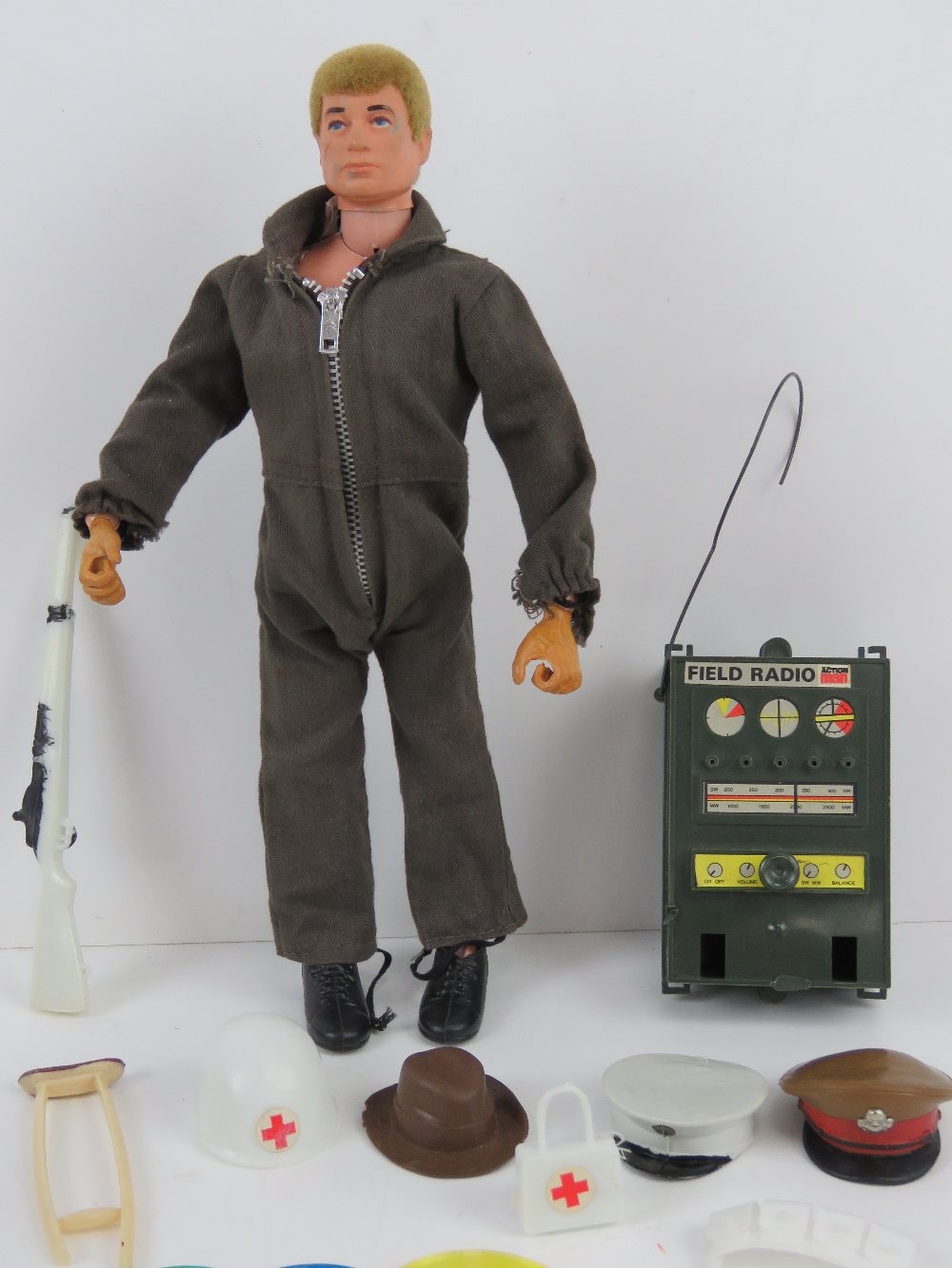 A vintage Action Man made by Palitoy with assorted accessories including; jacket, trousers, hats, - Image 2 of 3