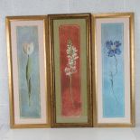 A set of three (two plus one) floral portrait pictures in modern frames 95 x 34cm.