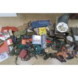 A quantity of assorted militaria inc German dot camo shirt, US shirt, PSL scope lenses, gun cases,