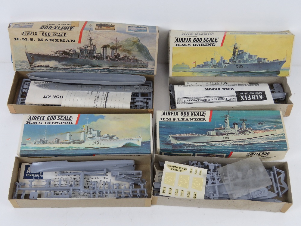 Four vintage Airfix-600 scale model ships inc three from Series 1 being HMS Leander,