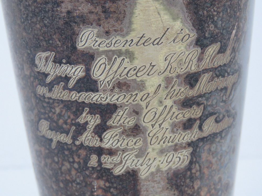 A Walker & Hall silver plated cocktail shaker 'Presented to Flying Officer K R Hall on the Occasion - Image 2 of 4