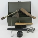 A British Military Landrover kit box containing brushes, tyre spanner etc.