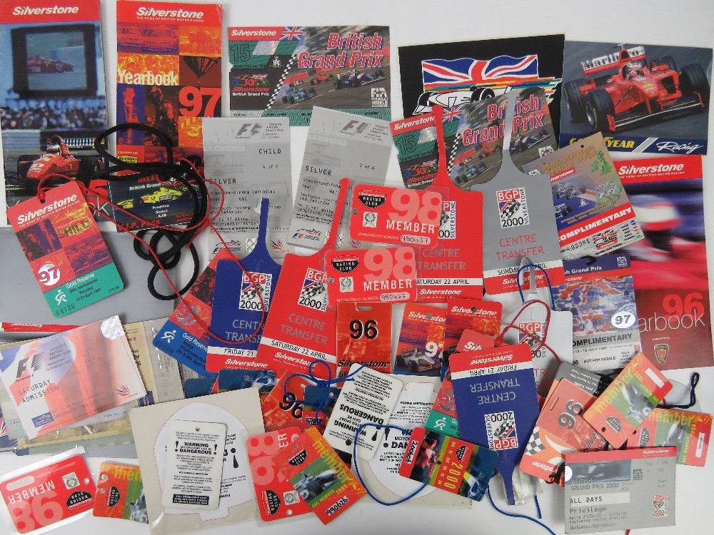 A quantity of assorted British Grand Prix and motor racing meet lanyards, year books, and tickets.