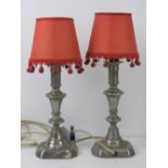 A pair of chrome table lamps with shades, for re-wiring.