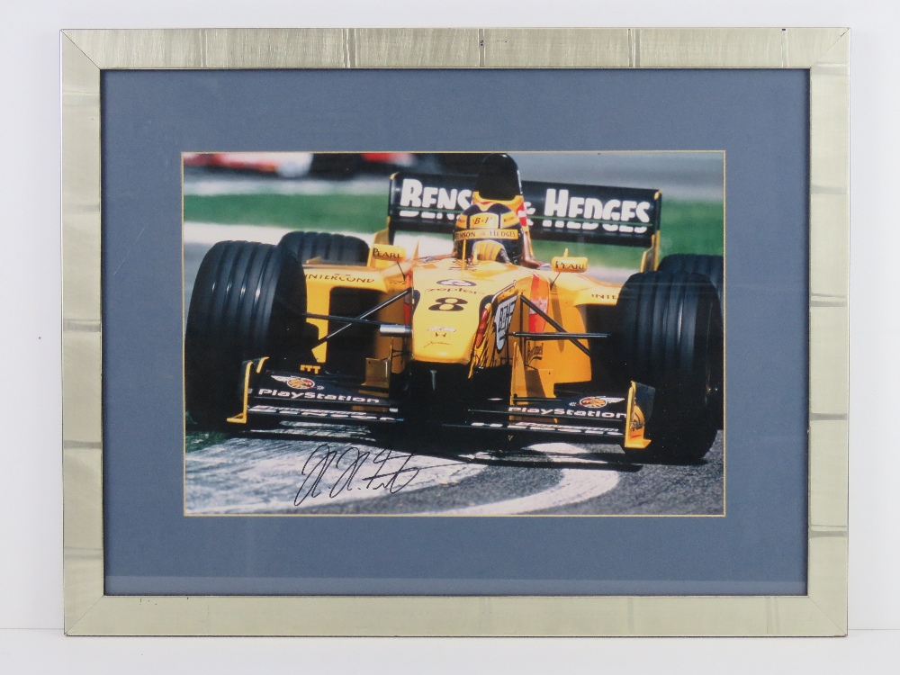 A framed colour photographic print of a Jordan racing car No8, signed Heinz-Harald Frentzen below,