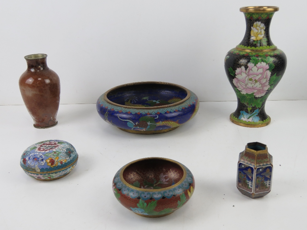 Six items of assorted late 19th / early 20th century Cloisonné including vase, bowl,