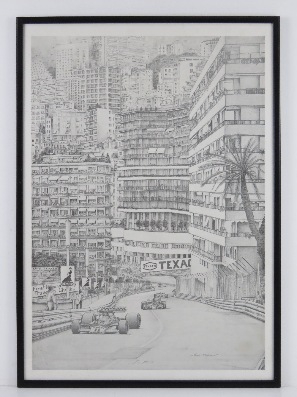 Print from a pencil sketch by Alan Stammers 'The Monaco Grand Prix' heading up to Casino Square