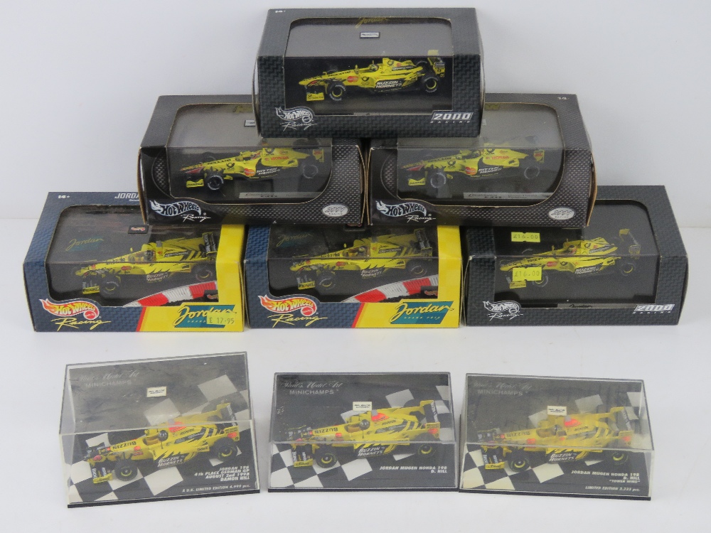 A quantity of Jordan facing cars including Hot Wheels and Mini Champs x 9,