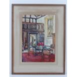 Watercolour sketch of a breakfast room featuring table with assortment of chairs with floral