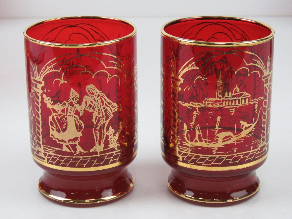 A Venetian ruby glass decanter set having six glasses, all having gilded scene and decoration upon, - Image 2 of 4