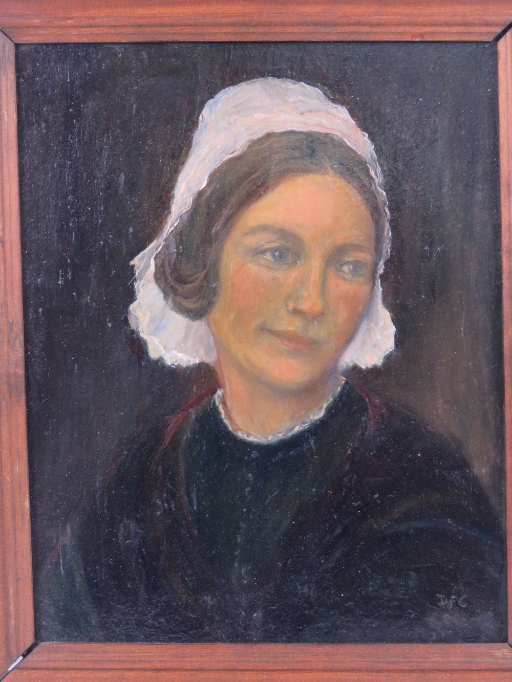 Two oil on board paintings of possibly same female in black dress and white head covering, - Image 3 of 6