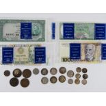 A quantity of British and USA coins together with four bank notes for Brasil, Mozambique,