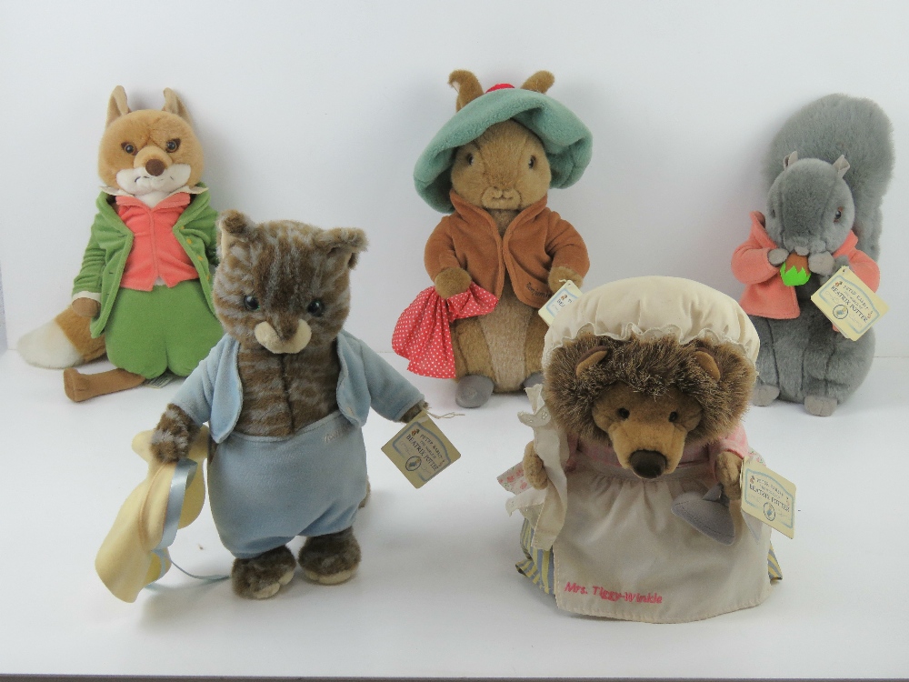 Beatrix Potter World of Peter Rabbit plush toys being; Tom Kitten, Squirrel Nutkin, Benjamin Bunny,