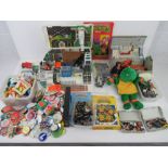 A quantity of assorted vintage toys including micro machines, Teenage Mutant Ninja Turtles, badges,