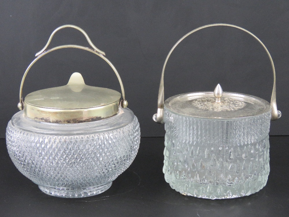 Two good cut glass wafer / biscuit barrels, each with nickel plated lids and handles.