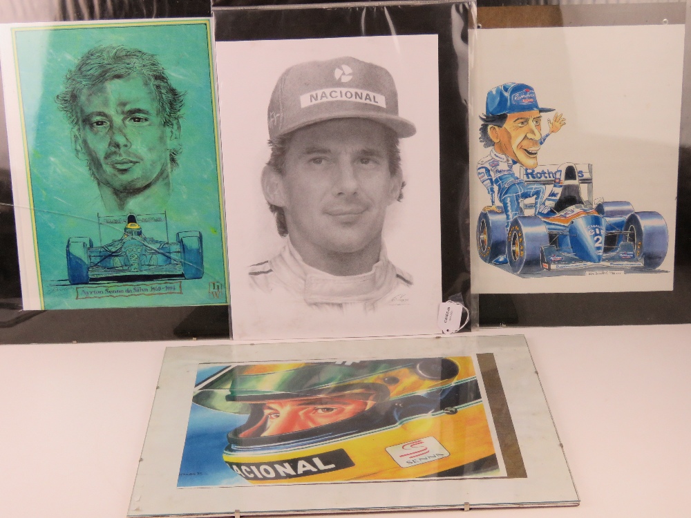 Four contemporary frame less framed Ayrton Senna prints.