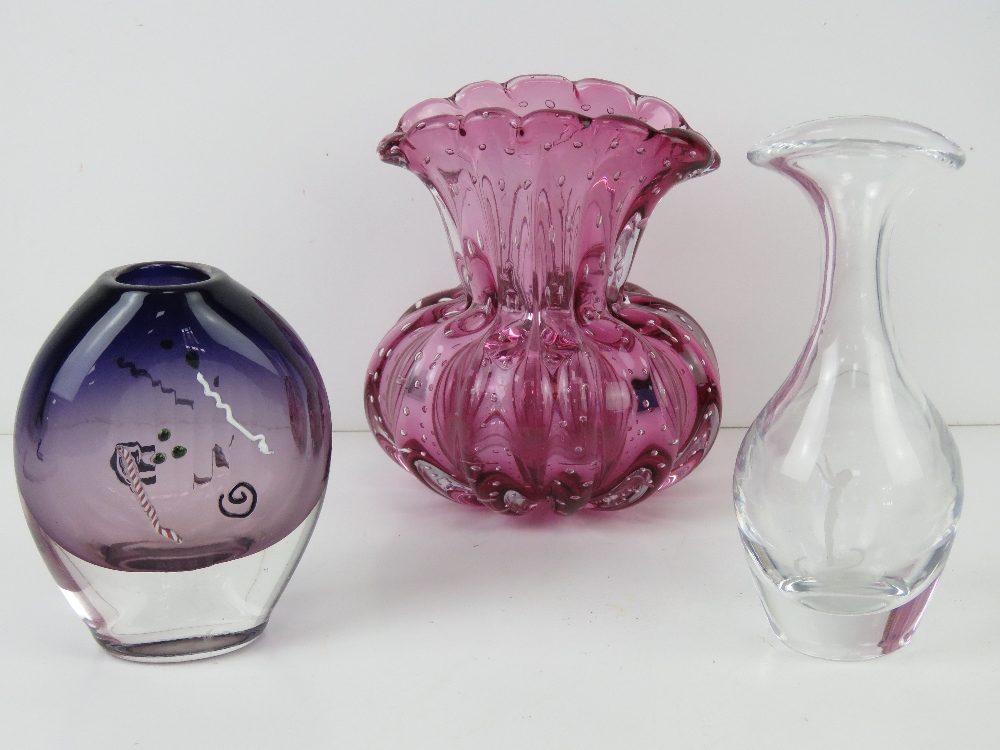 Three assorted art glass vases; one having applied decoration marked Pearl Glassware Ltd,