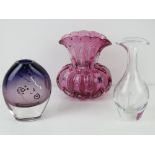 Three assorted art glass vases; one having applied decoration marked Pearl Glassware Ltd,