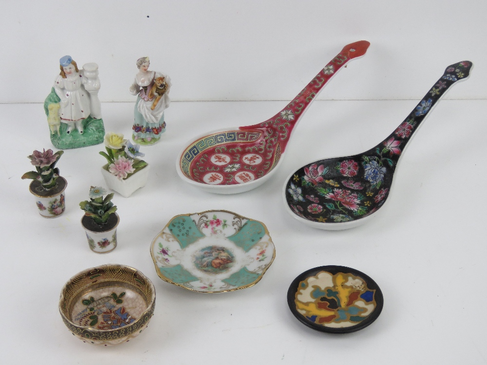 Two early 20thC ceramic Chinese soup spoons together with three pin dishes and a small quantity of