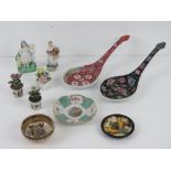 Two early 20thC ceramic Chinese soup spoons together with three pin dishes and a small quantity of