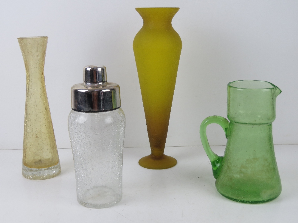 A crackle glass cocktail shaker (21cm high) together with three other crackle glass items being jug
