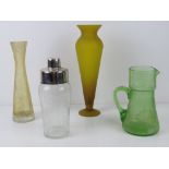 A crackle glass cocktail shaker (21cm high) together with three other crackle glass items being jug