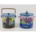 Two scenic wafer / biscuit barrels, one hand painted, one transfer printed (handle deficient).