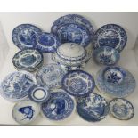 A quantity of assorted blue and white ceramics inc Woods English Scenery dishes, Spode,