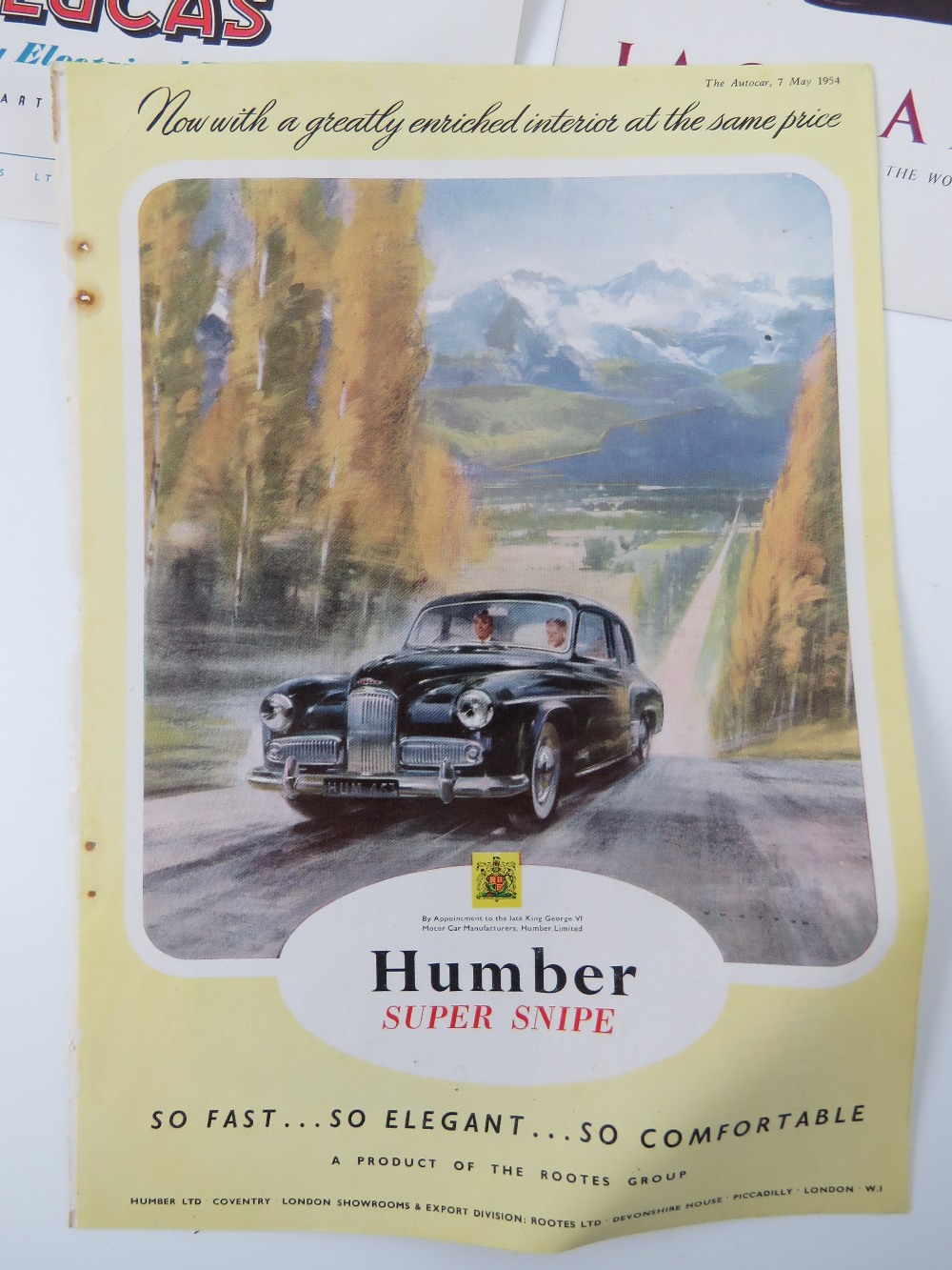 Six original 1950s motoring magazine car manufacturer adverts including Rover, Humber Super Snipe,