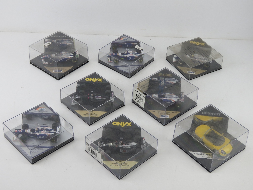 A quantity of eight miniature F1 cars including Heinz Harold Frentzen, Renault, Damon Hill, etc.