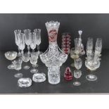 A quantity of assorted glassware including; pink Wedgwood glass paperweight,