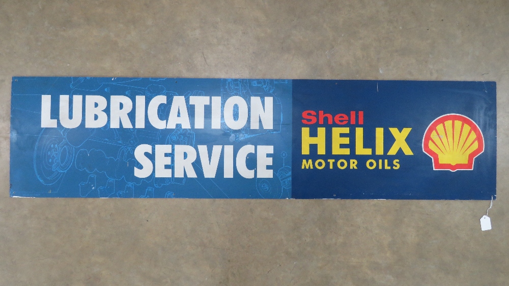 A vintage c1980s Shell Helix Motor Oils 'Lubrication Service' sign made on fibreboard and measuring