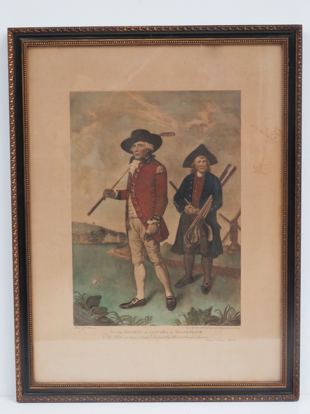 Coloured print 'To the Society of Goffers at Blackheath as painted by L J Abbot 1790',