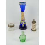 A Venetian hand painted glass bud vase, 15cm high, together with a carved bone scent bottle,