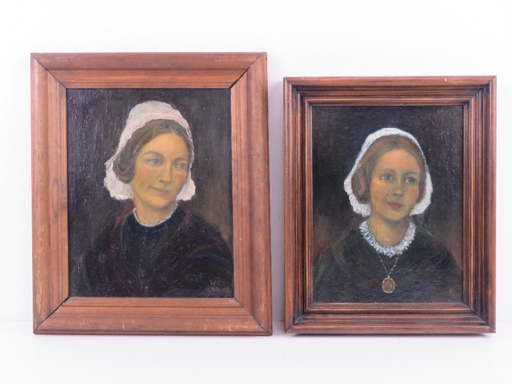 Two oil on board paintings of possibly same female in black dress and white head covering,