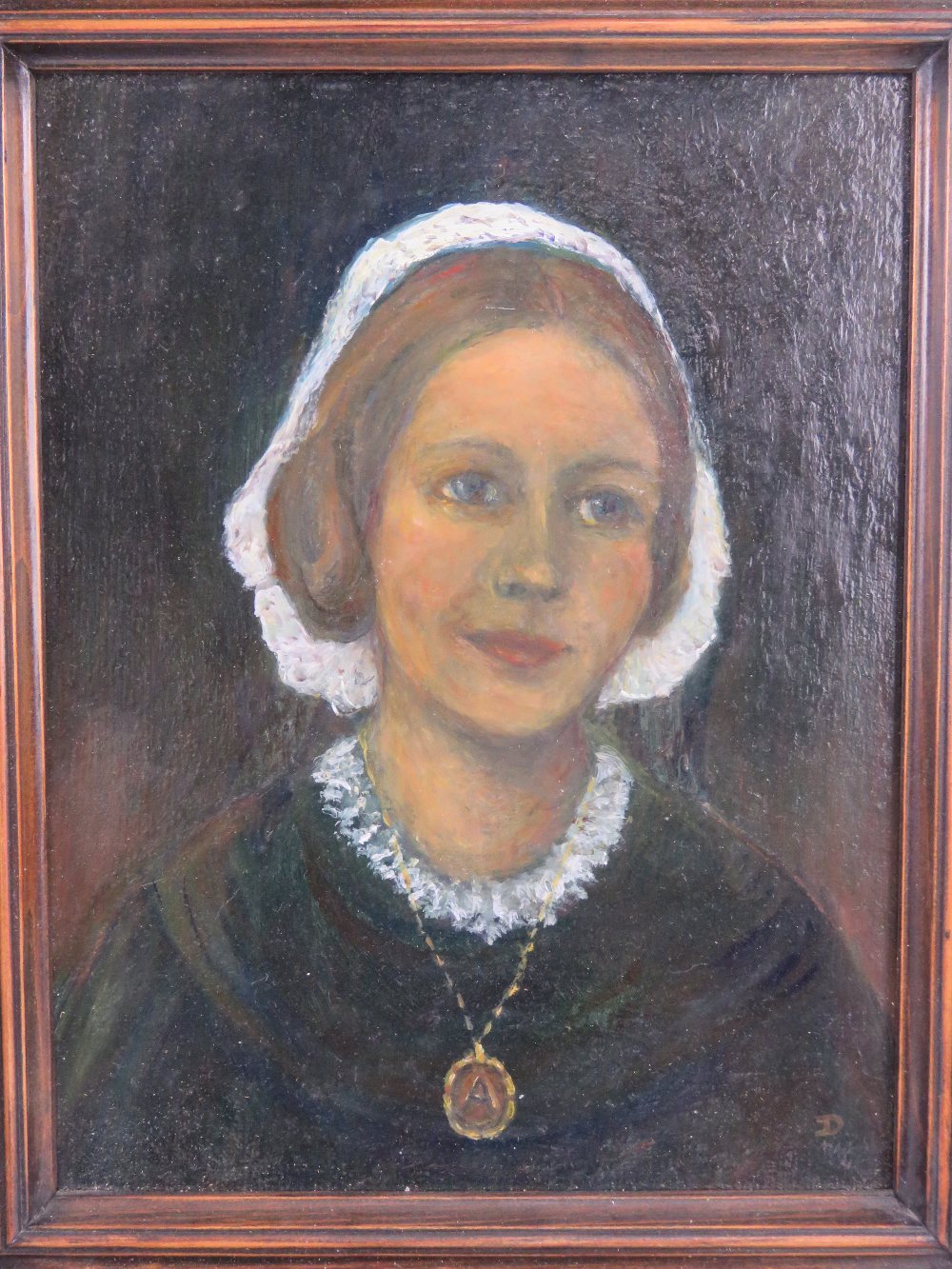 Two oil on board paintings of possibly same female in black dress and white head covering, - Image 2 of 6