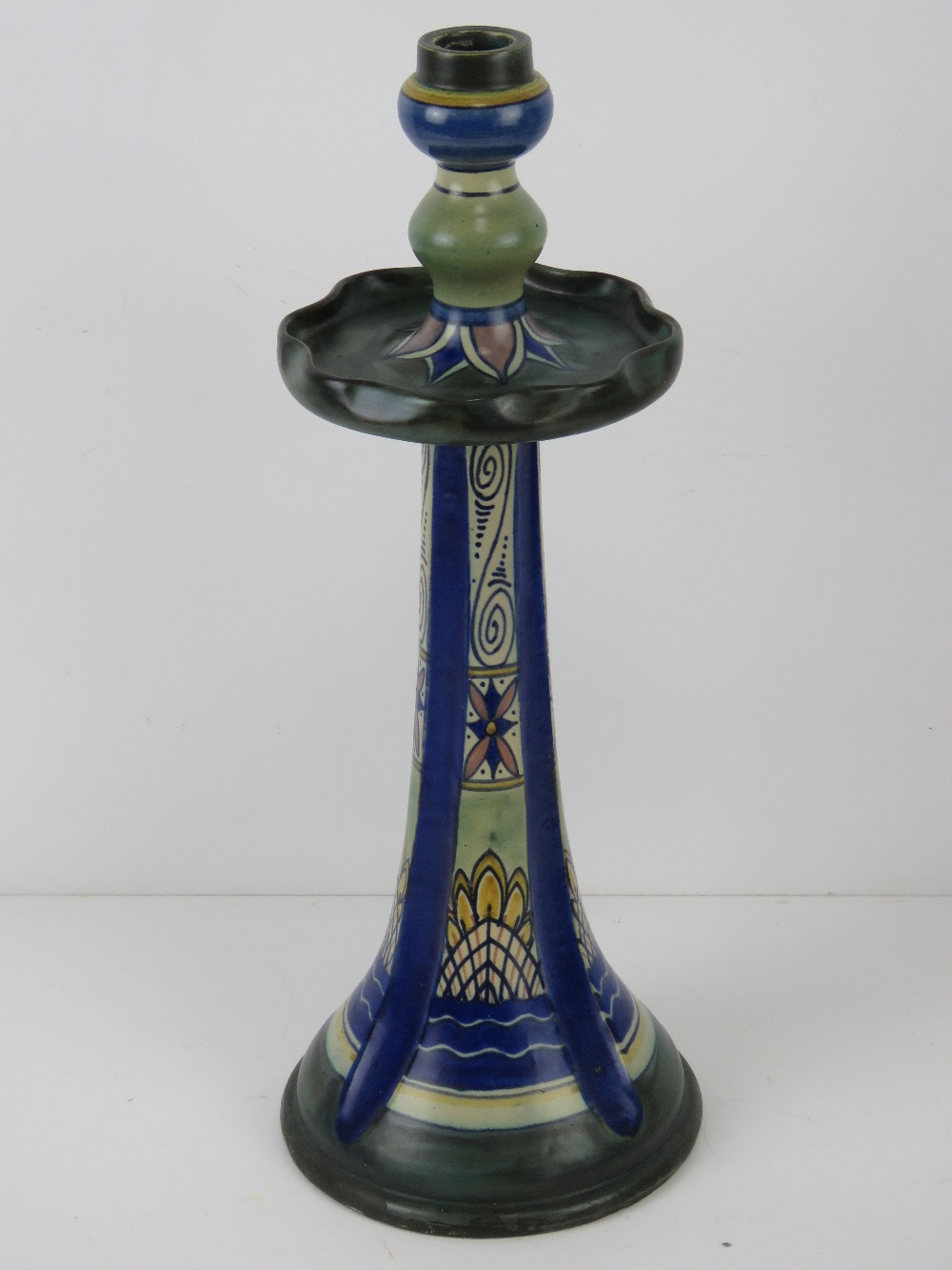 A ceramic table lamp base in blue and green ground marked Damascus Holland 0124/2 to base and