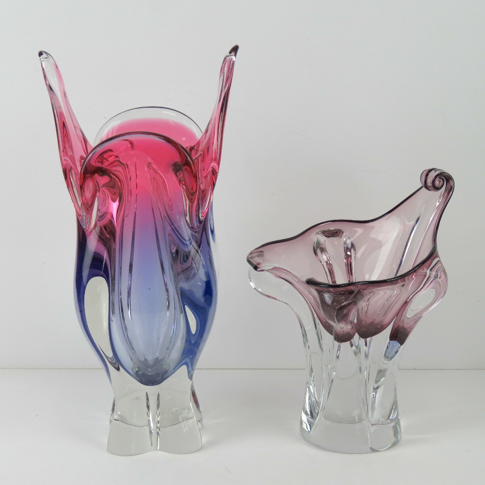 Two art glass vases, one in the form of a stylised calla lily standing 22.