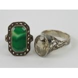 A silver green agate and marcasite ring in the Art Deco style, stamped 925, size J.