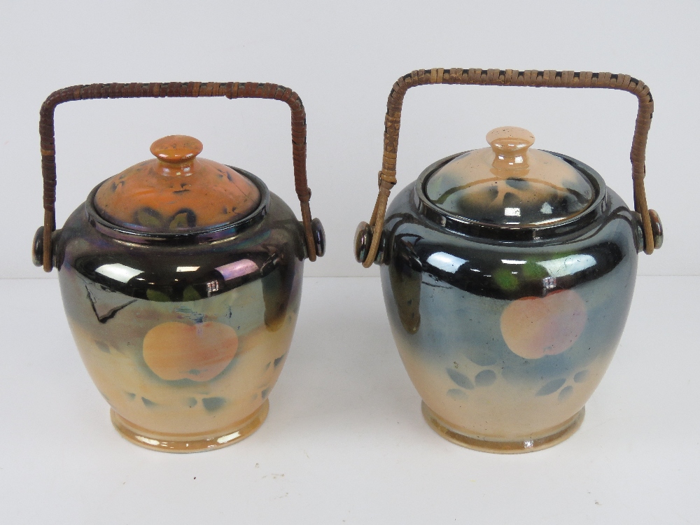 Two ceramic pearlescent wafer / biscuit barrels each with wicker handle and fruit design upon. - Image 2 of 6