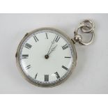 A silver open face key wind fob watch, slightly a/f, marked fine silver to case,