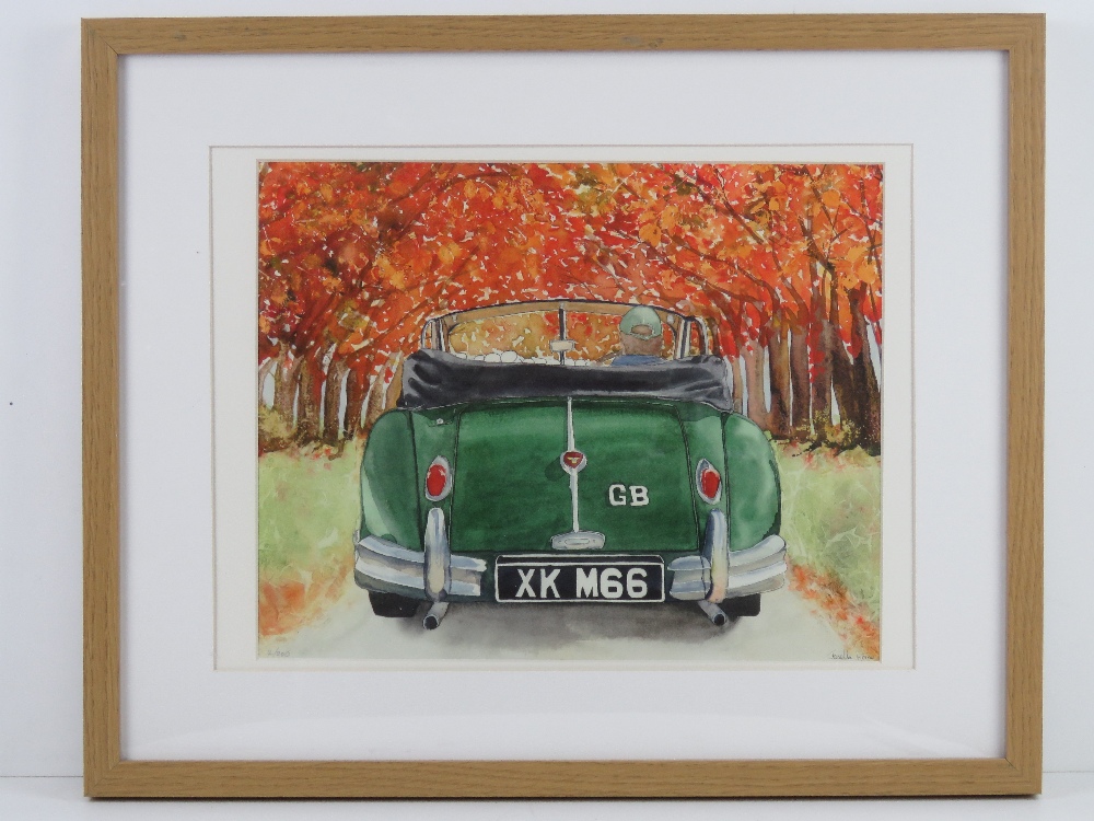 Print; study of the rear of a vintage Jaguar XK Drophead in autumnal setting,